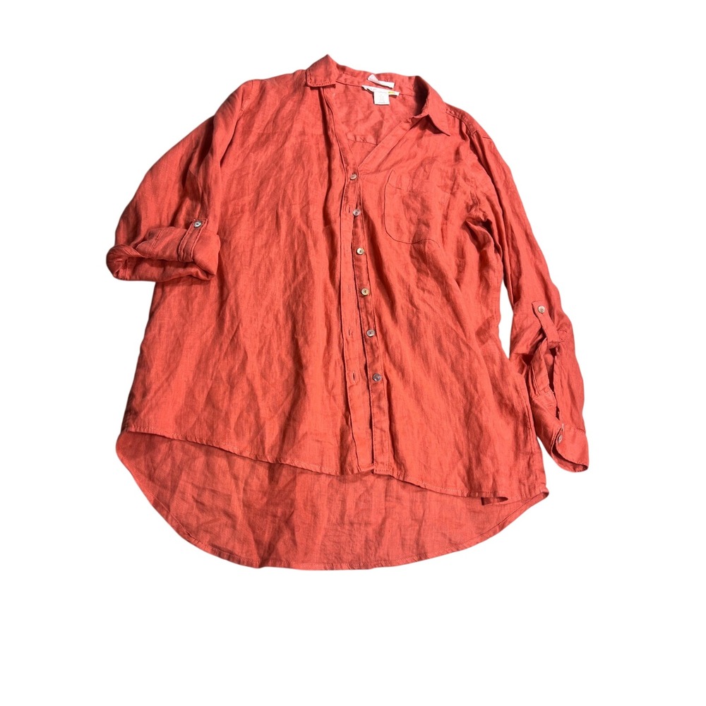 C&C California 100% Linen Shirt Small Dark Coral Button Front Roll Tab Tunic Top